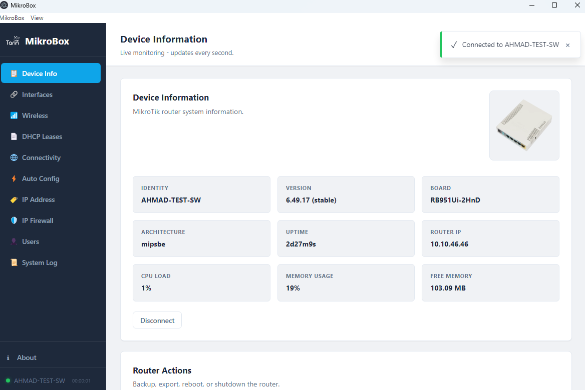 MikroBox dashboard screen