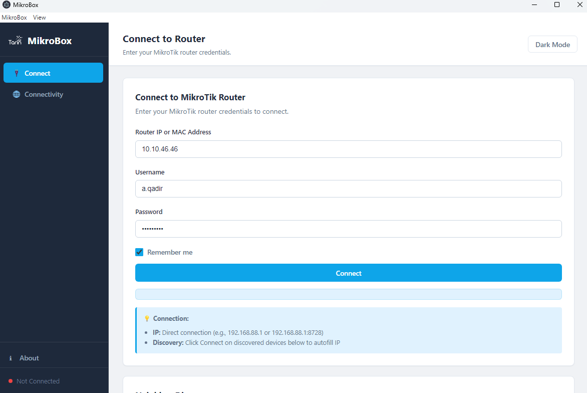 MikroBox login screen